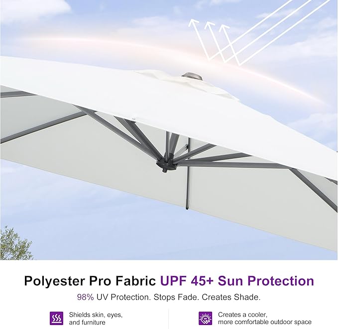 PURPLE LEAF 8 Feet Square Cantilever Umbrella Patio Umbrella with Base Outdoor Umbrella Aluminum Offset with 360-degree Rotation for Garden Deck Pool Patio White PURPLELEAF