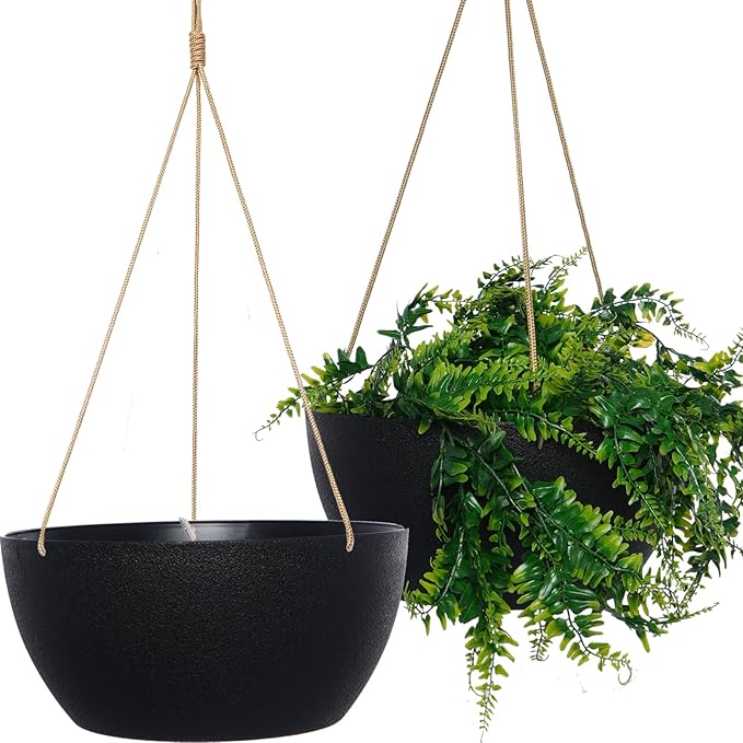 13 Inch 2 Pack Large Hanging Planters for Indoor Outdoor Plants, Plastic Hanging Basket Pots for House Plants Flowers, Black SwinDuck