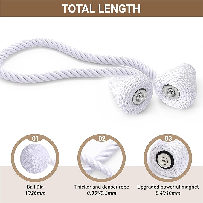 Hion Magnetic Curtain Tiebacks White 2pcs, Curtain Tiebacks Buckles Holdbacks Holders Hooks Clip for Home Bedroom Office Decorative Curtain Hion
