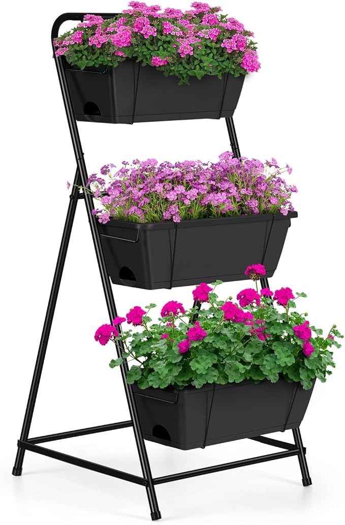 Raised Garden Bed 3 Tier Vertical Garden Planter Elevated Planter Boxes Outdoor Herb Planter with Drainage Holes Removable Tray for Patio Balcony Porch Black BTY