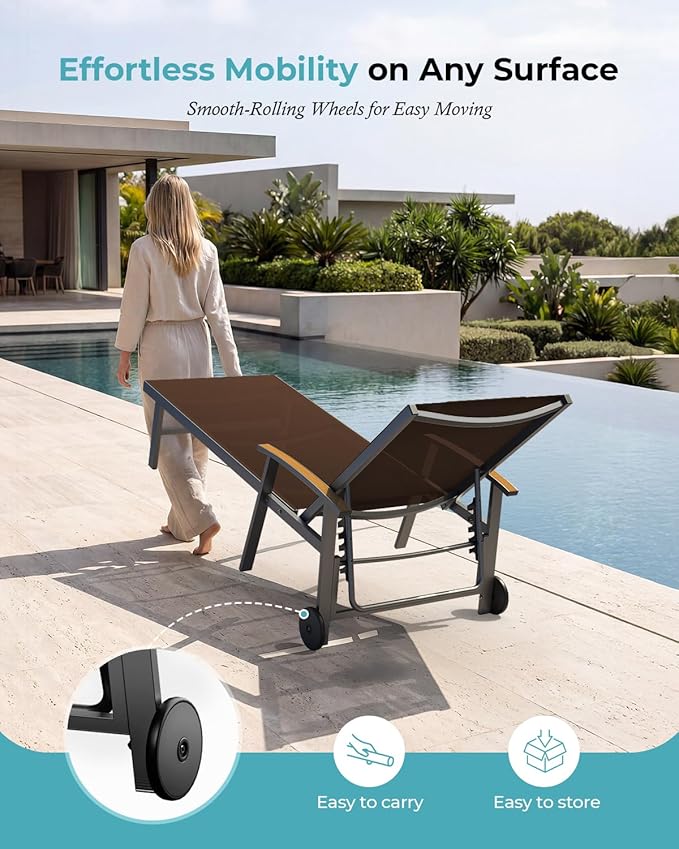 Ciokea Outdoor Lounge Chair with Pillow Set of 2, 5-Position Aluminum Chaise Lounge with Wheels & Armrests, 400 lbs Heavy Duty Patio Pool Chair for Backyard, Deck, Beach & Poolside, Brown CIOKEA