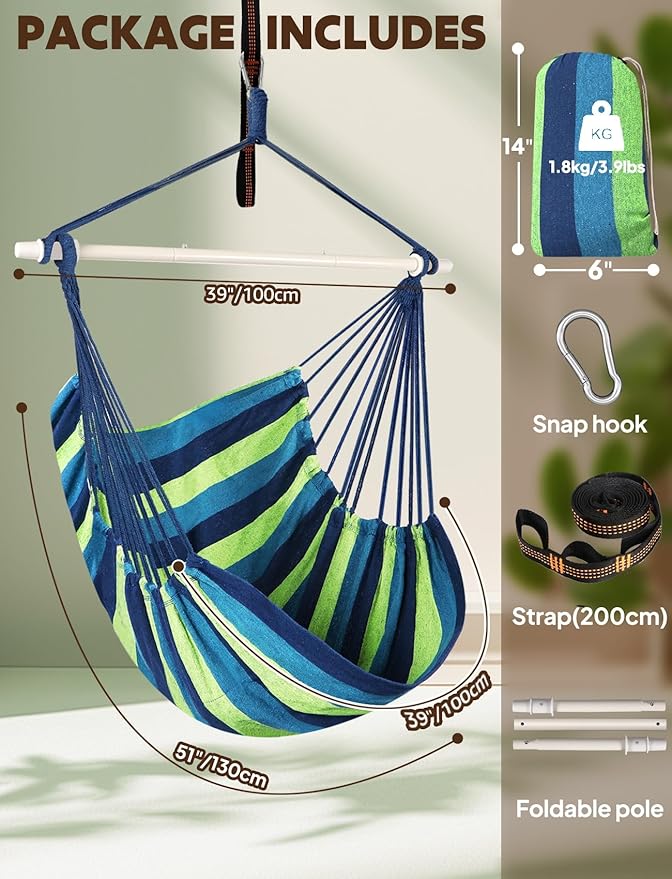 Chihee Hammock Swing Chair - Strong Metal, Collapsible, Portable, Max 500 lbs, Comfy Seat, Patio & Lawn, Cotton Blended, Indoor/Outdoor Chihee