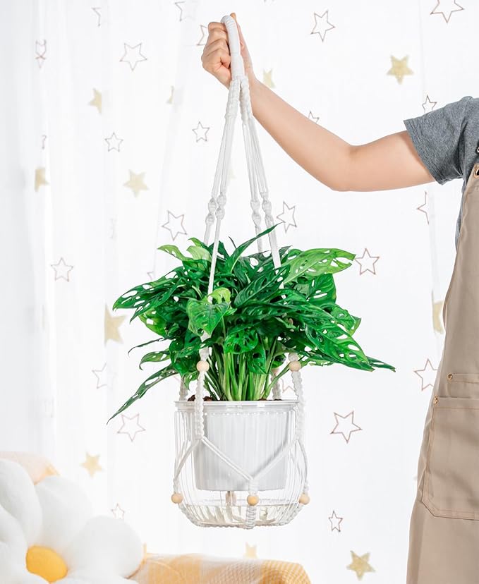 Melphoe Self Watering Hanging Planters for Indoor Plants, 1 Pack 8.3 Inch Outdoor Hanging Plant Pot Basket, 2 Kinds of Hangers Macrame 35.5’’ & Metal Chain 19.6’’ for Garden Home Decor Melphoe