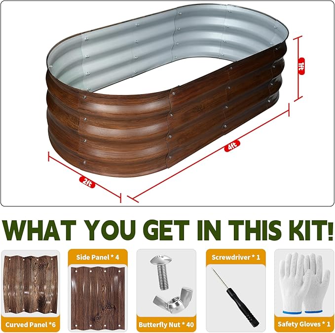 Galvanized Raised Garden Bed Outdoor, Large Raised Bed for Gardening, 2Pcs 4x2x1ft Oval Metal Planter Box for Vegetables, Fruits, Flowers, Dark Brown Wood Grain VivaGarden