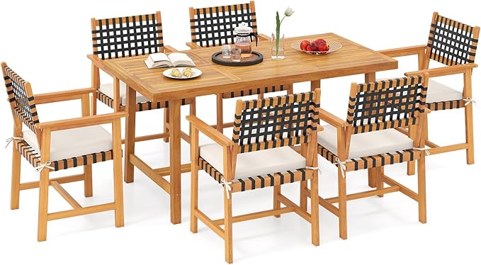 Tangkula 7 Piece Patio Dining Set for 6 People, 63” Outdoor Rectangular Acacia Wood Table with 1.97” Umbrella Hole & 6 Armchairs with Padded Seat Cushions, for Deck Yard and Poolside TANGKULA