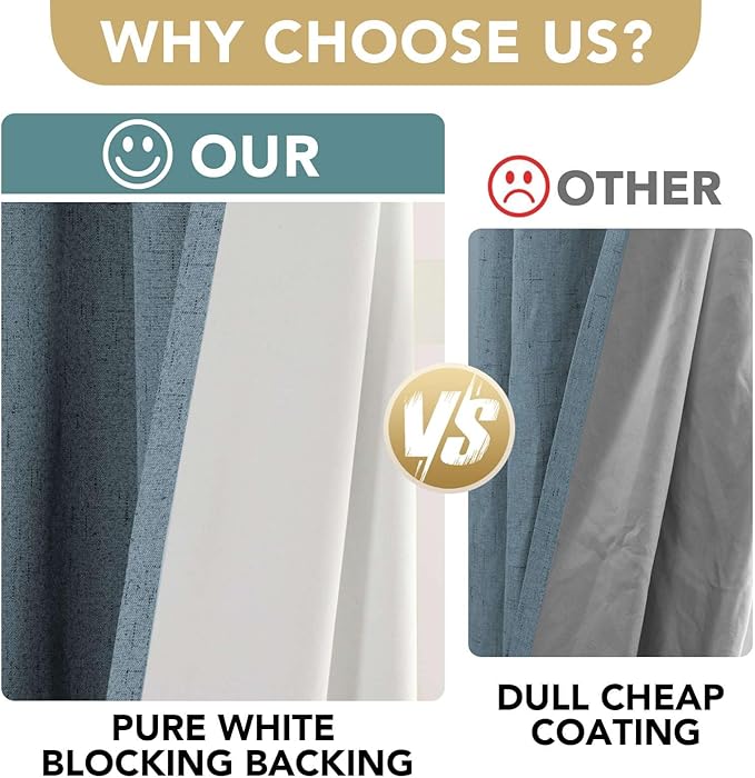 H.VERSAILTEX Linen Blackout Curtains 63 Inches Long 100% Blackout Thermal Insulated Textured Linen Look Curtain Draperies Anti-Rust Grommet, Energy Saving with White Liner, 2 Panels, Stone Blue HVERSAILTEX