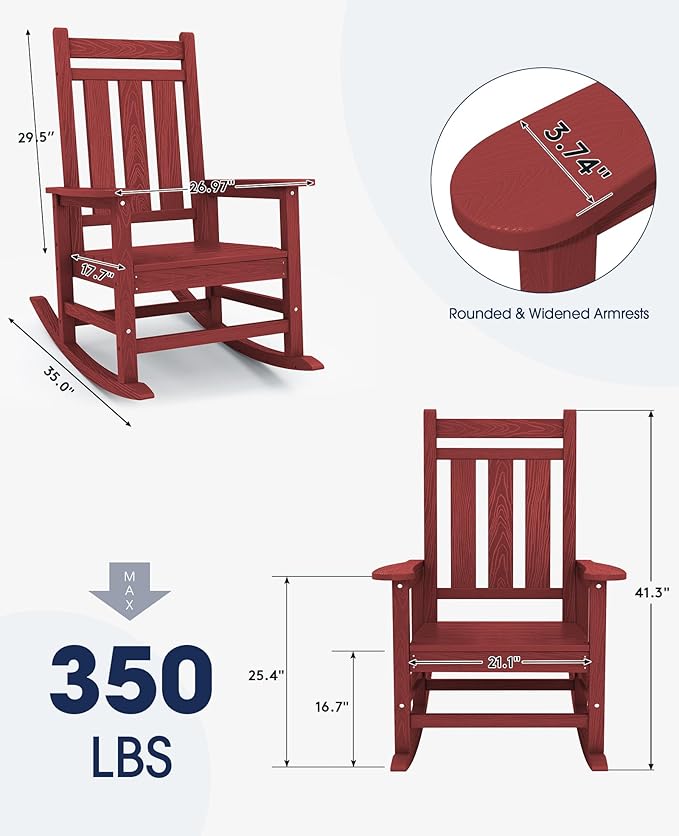 KINGYES Oversized Outdoor Rocking Chair Set of 2, All-Weather Patio Rocking Chairs for Porch, HDPE Outdoor Patio Rockers with High Back & Wide Seat for Garden, Lawn, Red KINGYES