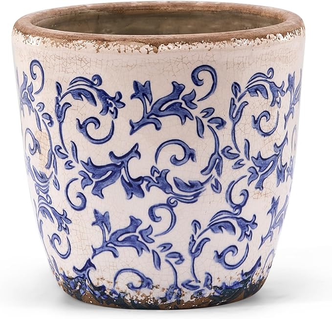 Vintage Ceramic Planter with Drainage Hole, Plastic Tray & Mesh, 6.5 Inch - Indoor/Outdoor Flower Pot, Blue Floral Rustic Farmhouse Design Plant pot for Home, Office & Garden Décor, Ideal Gift TEWEIQI