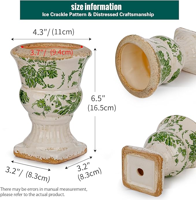 Sungmor Small Ceramic Urn Planter - Green Scroll Floral Pedestal Flower Pot, Decorative Vintage Chinoiserie Style Planters, Tuscan Accent Vase Indoor Outdoor Plant Holder with Drainage Sungmor