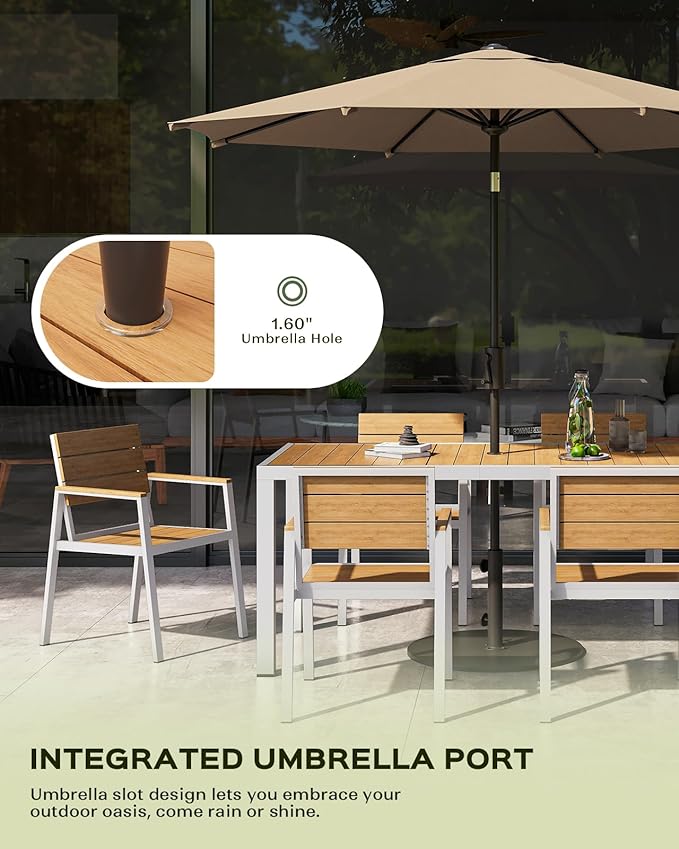 7-Piece Outdoor Dining Set, Aluminum Dining Table Set for 6, Patio Table and Chairs Set with Umbrella Hole, All Weather HDPS Outdoor Table and Chairs for 6 (White-Teak) Vexwalx