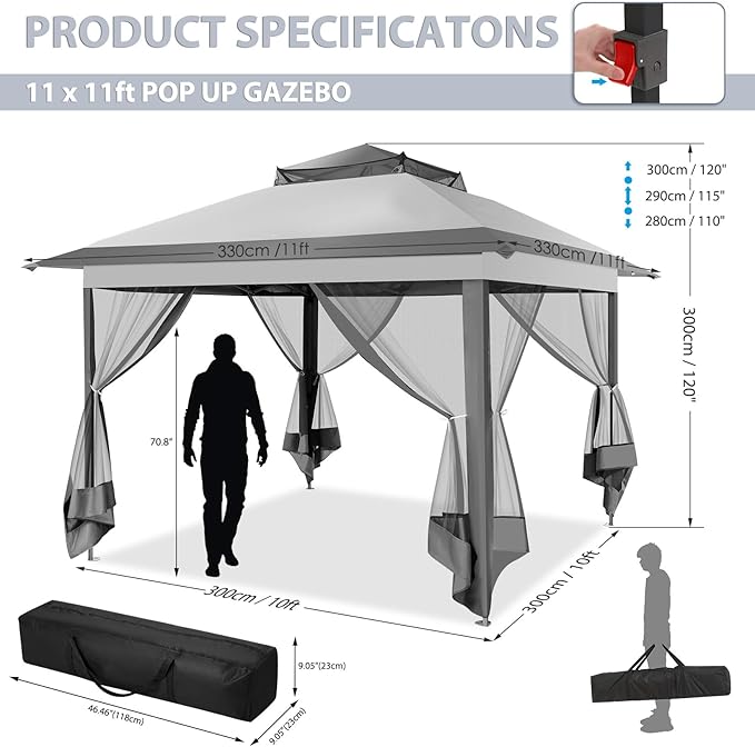 COBIZI 11x11 Pop Up Gazebo One-Push Canopy Tent, Carpas Para Patio, Outdoor Canopy Shelter with Double Roof Ventiation 121 Square Feet of Shade for Lawn, Garden, Backyard and Deck, Gray (Upgraded 2.0) COBIZI