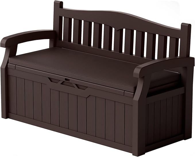 Devoko 80 Gallon Storage Bench with Cushion, Lockable Deck Box for Patio Furniture, Garden Decor and Outdoor Seating for Cushions, Garden Tools and Pool Supplies (Dark Brown, 80 Gallon with Cushion) DEVOKO