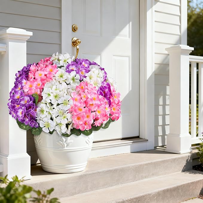 Artificial Geraniums Flowers for Outdoors, 6 Bundles Realistic Silk Fake Geranium, No Fade Faux Plants for Hanging Baskets, Window Boxes, Planters - Porch, Patio, Garden Decor(Mix Colors) AmberFun