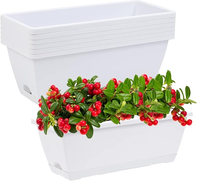Window Box Planter, 7 Pack Plastic Vegetable Flower Planters Boxes 17 Inches Rectangular Flower Pots with Saucers for Indoor Outdoor Garden, Patio, Home Decor (White) CHUKEMAOYI