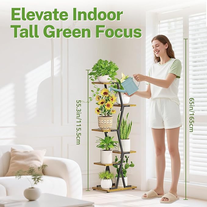 iDavosic.ly 5 Tier Indoor Plant Stand, Corner Tall Metal & Wood Flower Shelf, Orchid Display Rack for Living Room Balcony Patio Porch, Space Saving & Multifunctional Display, Black & Brown iDavosicly