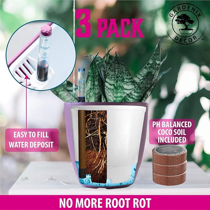 GARDENIX DECOR Self Watering Pots for Indoor Plants 3 Pack - Flower Pot with Water Level Indicator for Plants, Grow Tracking Tool - Self Watering Planter Plant Pot - Coco Coir - Purple Rootora