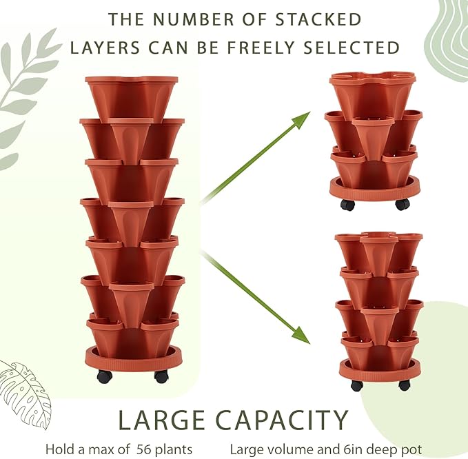 Umigy 2 Set of 7 Tier Vertical Planter Stackable Tower Planters Strawberry Herb Flower and Vegetable Pots Indoor Outdoor Gardening Pots with Removable Wheels and Tools(Brick Red) Umigy