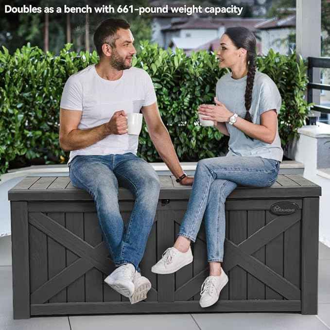 YITAHOME 150 Gallon Large Deck Box with X-Shaped Front, Resin Outdoor Storage Boxes, Waterproof Cushion Storage Bench for Patio, Pool Supplies, Garden Tools - Lockable, Dark Gray