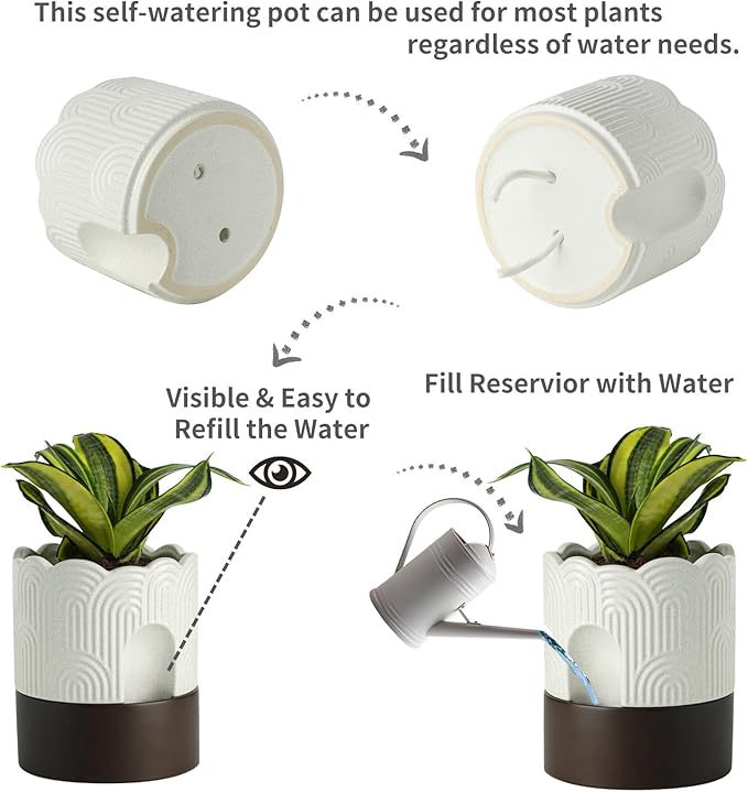 Nihow Self Watering Plant Pot Set: 6 Inch & 8 Inch Ceramic Planter with Drainage Hole & Water Storage Plus - Relief Design Self Watering Pot for Indoor Plants - Beige & Brown Flower Pot -Set of 2 Nihow