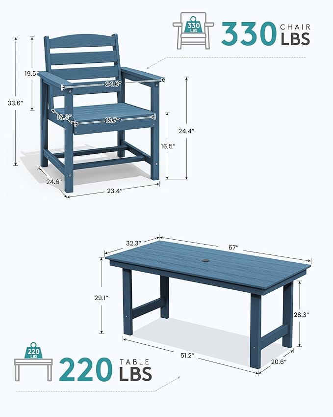 SERWALL Patio Dining Table and Bench Set for 6, Blue SERWALL