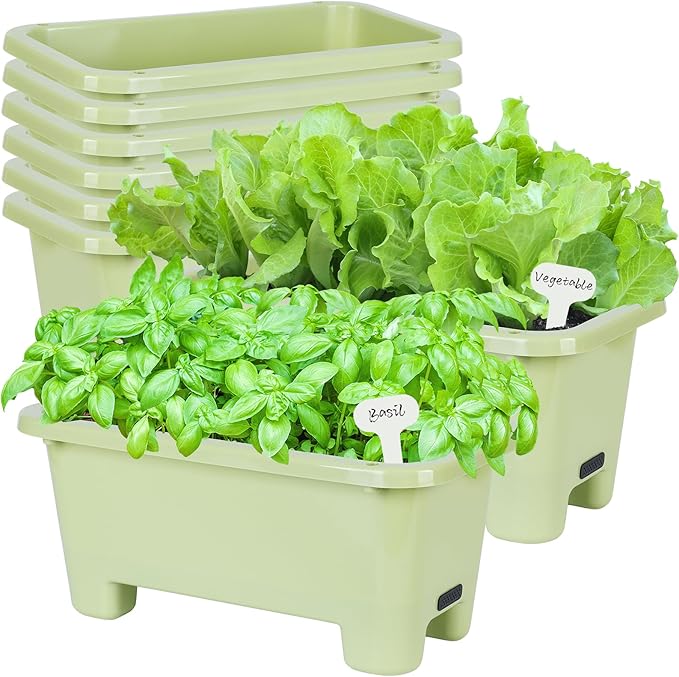 Self-Watering Rectangle Planter Boxes 8-Pack, 15.7-Inch Window Box Planter with Drainage Holes & Trays, Pots for Vegetables, Herbs, Flowers, Garden Windowsill Balcony (Light Green) Oliz