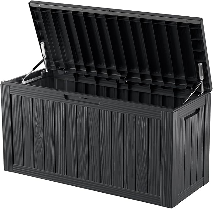 ROJIK Outdoor Storage Housing Deck Box - Waterproof Patio Furniture, Garden Tools, Cushions, Pool Accessories Storage Bench with Lockable Lid and Side Handles (Black 80 Gal) ROJIK