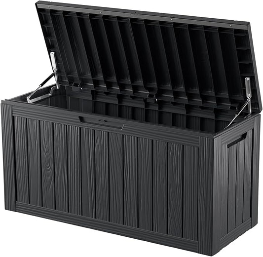 ROJIK Outdoor Storage Housing Deck Box - Waterproof Patio Furniture, Garden Tools, Cushions, Pool Accessories Storage Bench with Lockable Lid and Side Handles (Black 80 Gal) ROJIK