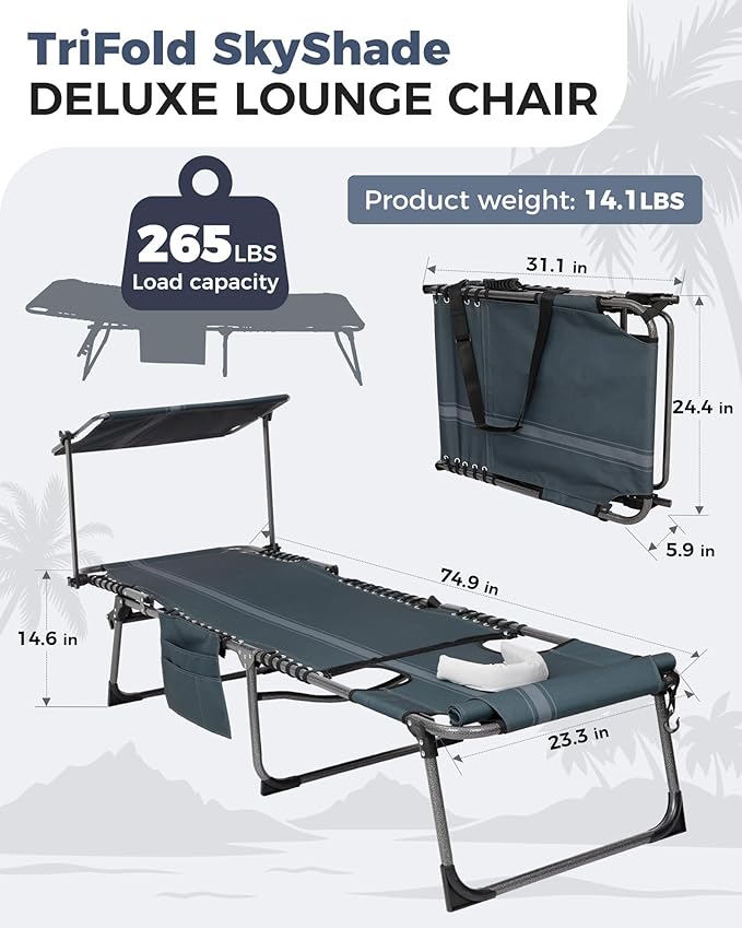 KingCamp Tanning Chair with Face Hole, Lounge Chairs Outdoor Folding Comfy Adjustable 5-Position Foldable Chaise Chaser with Canopy Shade for Outside Beach Patio, Blue/Grey KingCamp