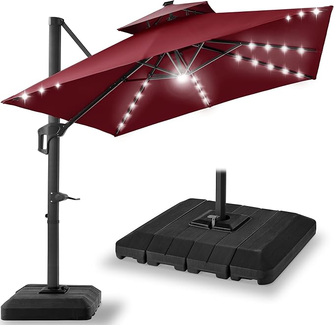 Best Choice Products 10x10ft Cantilever Patio Umbrella w/Base Included, Solar LED Lights 360 Rotation Large Offset Hanging Outdoor Shade for Deck Pool Backyard w/Stand – Burgundy BestChoiceProducts