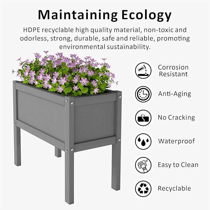 Raised Garden Bed with Drainage Hole Waterproof HDPE Elevated Planter Box with Legs Stable and Durable to Plant Herb Vegetable Flower,Patio,Balcony Outdoors/Indoors Gray KETOYARK