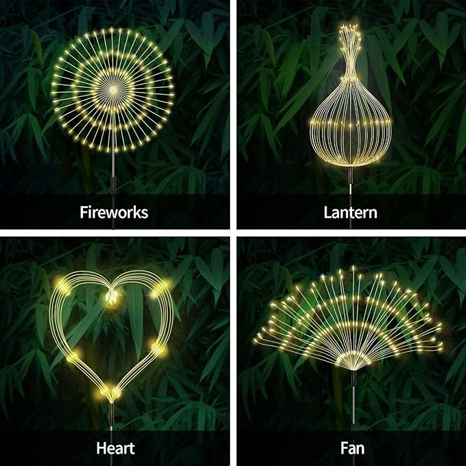 Solar Outdoor Warm White Garden Lights, 4 Pack Firework With 120 LED Starburst String 8 Modes Fairy With Remote, for Wedding Christmas, Lawn Backyard Party Patio Decoration Unihoh