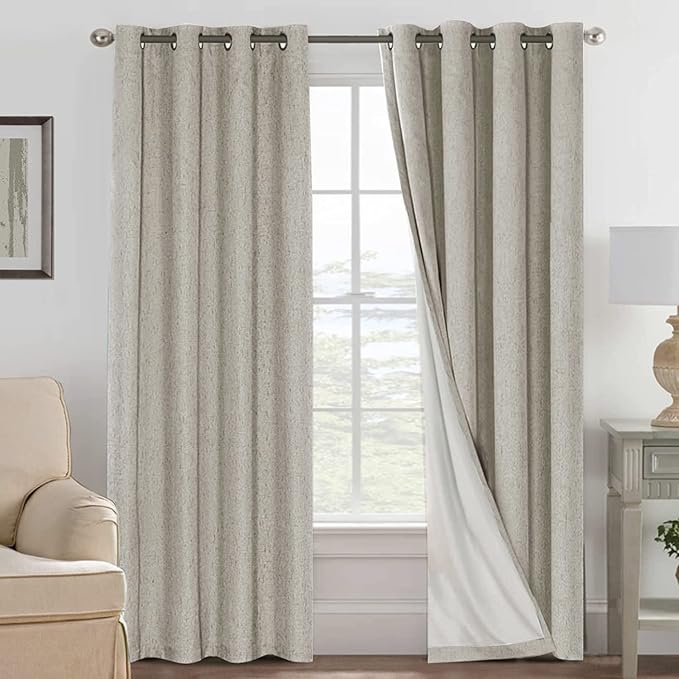 H.VERSAILTEX Linen Blackout Curtains 96 Inches, 100% Absolutely Blackout Thermal Insulated Textured Linen Look Curtain Draperies Anti-Rust Grommet with White Liner, 2 Panels, Stone HVERSAILTEX