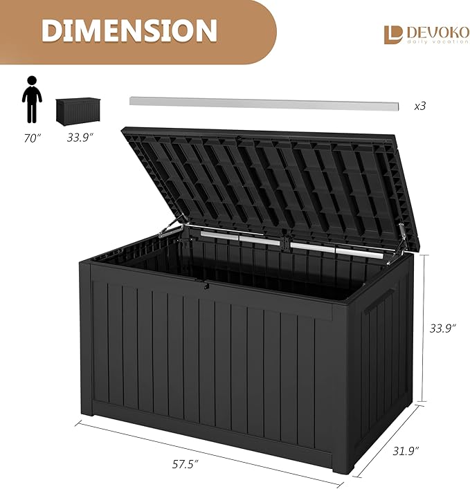 Devoko XXL 230 Gallon Resin Large Deck Box Waterproof Outdoor Storage Box Loackable for Patio Furniture Cushions and Garden Tools(230 Gallon, Black) DEVOKO