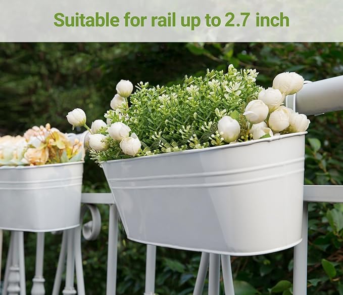 Dahey 5 Pcs Metal Iron Hanging Flower Pots for Railing Fence 15.7 Inch Hanging Bucket Pots Countryside Style Window Flower Plant Holder with Detachable Hooks for Garden Yard Home Decor, White Dahey