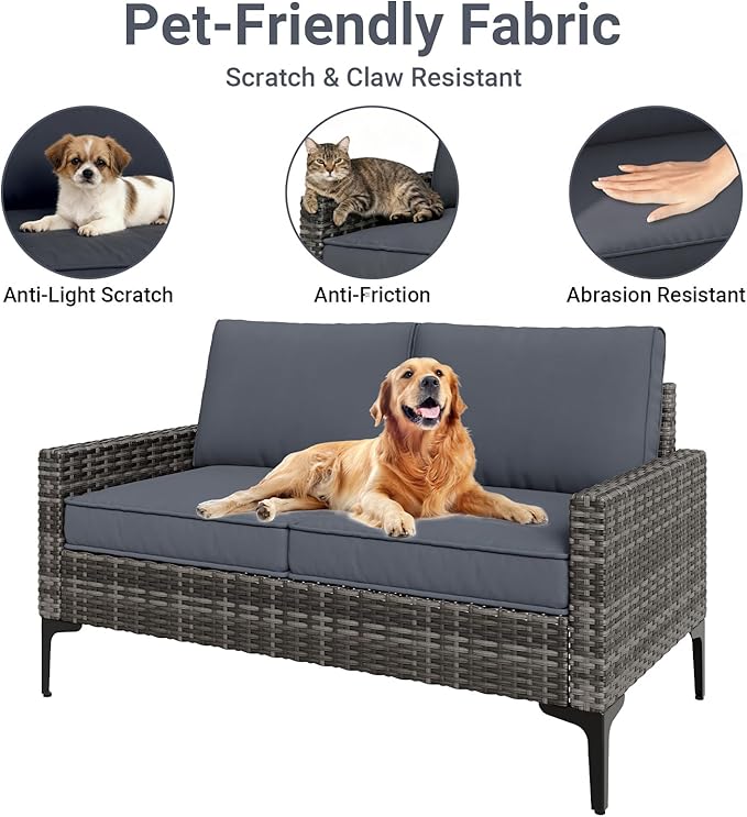 Jing's Villa 4-Piece Outdoor Sectional Sofa Set, All-Weather Wicker Patio Furniture with L/R Armrest & Tempered Glass Table, Comfortable Garden Conversation Set for Backyard, Poolside, Deck,Grey JingsVillaOutdoorFurniture