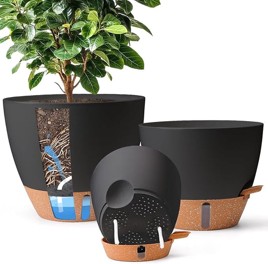 T4U 3 Pack Self Watering Pots (8"+10"+12") - Water Level Indicator & Deep Reservoir, Mess-Free Planters for Busy People, Beginners & Gardeners, Fits Pothos to Monstera, Indoor Outdoor Use (Black) T4U