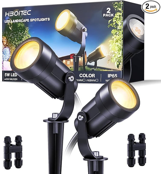 HIBOITEC LED Low Voltage Landscape Spotlights，IP65 Waterproof Outdoor Spot Lights for Yard, Plant, Lawn, Tree, Flags, House, Garden, Pathway, 2900K Warm White, 2 Pack HIBOITEC