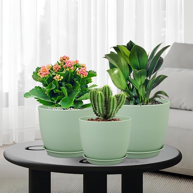 Large Plant Pots 12/10/9 inch, Set of 3 Modern Decorative Plastic Planters with Drainage Holes and Saucers, Flower Pots for Indoor Outdoor Plants, Green WSMKSZ