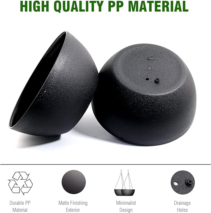 13 inch Large Hanging Planters Plant Pots for Outdoor Indoor Plants with Drainage Holes and Chain, 2 Pack Round Hanging Flower Pots for Garden Home Porch Decor, Black WSMKSZ