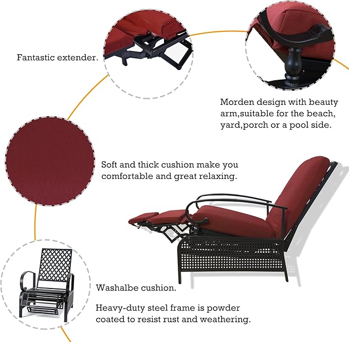 Kozyard Adjustable Outdoor Reclining Lounge Chair, Cushioned Patio Chaise Lounge with Extendable Metal Frame for Sunbathing, Reading & Relaxing – Comfortable Outdoor Recliner(Burgundy) Kozyard