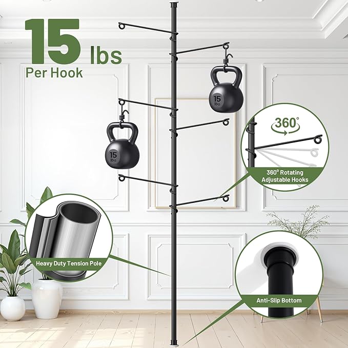 Tension Rod Plant Stand, Plant Poles for Hanging Plants Indoor, Metal Floor to Ceiling Hanging Plants Stand, Tension Pole Plant Stand with 6 Hooks (Fit 3.6-10ft) Zononoca