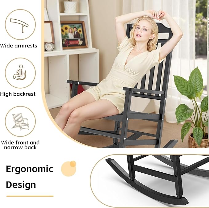 Patio Rocking Chair Outdoor Set of 1,Weather Resistant Poly Resin Oversized Porch Rocker,Indoor Outdoor Use(1, Black) GYMHILL