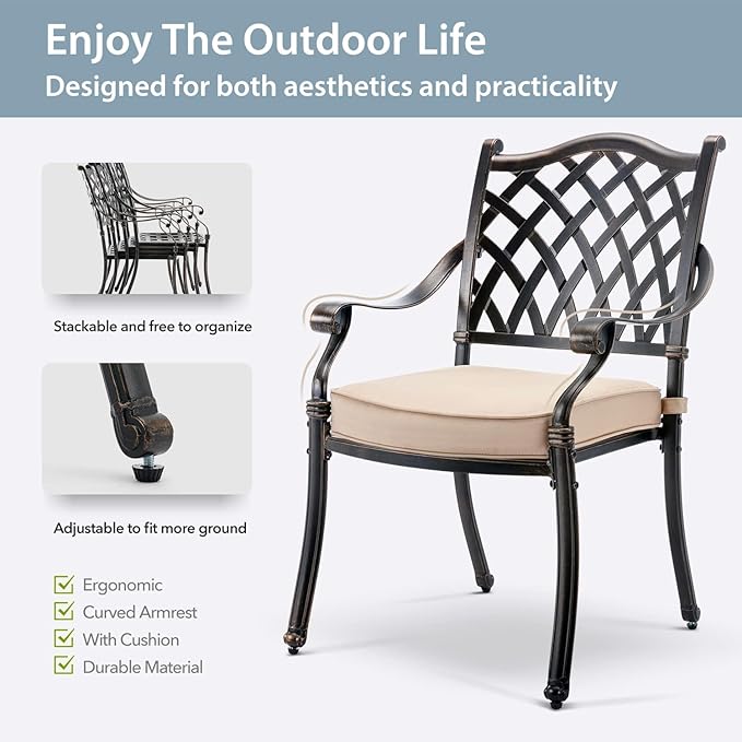 5-Piece Cast Aluminum Patio Furniture, Outdoor Dining Sets for 4 Include 54" Round Patio Dining Table and 4 Stackable Chairs with Cushions & Umbrella Hole (Bronze) Rootora