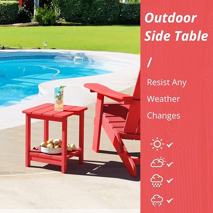 LUE BONA Adirondack Outdoor Side Table, 2-Tier Bright Red HDPS Patio End Table Weather Resistant, Morden Side Table for Patio, Pool, Porch LUEBONA