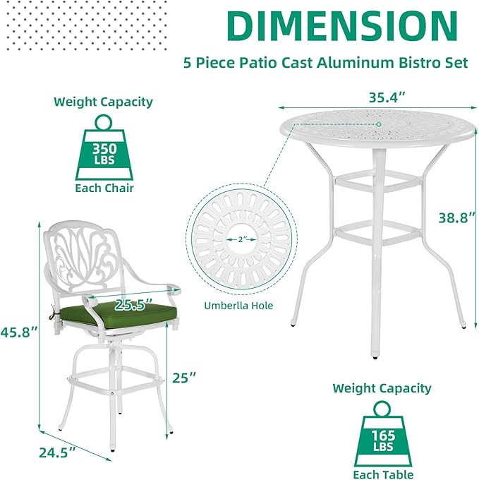 VIVIJASON 5-Piece Patio Swivel Bar Stools Set, All Weather Cast Aluminum Outdoor Bar Height Bistro Set with 4 Cushioned Bar Chairs & 35.4" High Bar Table w/Umbrella Hole for Backyard, Lawn, White VIVIJASON