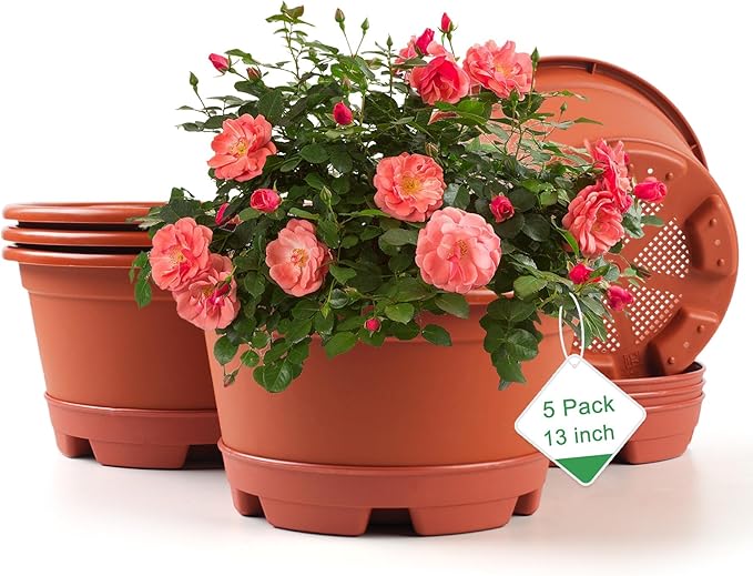 Outdoor Flower Pots 5 Packs 13 inch pots for Plants Modern Decorative Garden Pot with Saucer, Lightweight Large Resin Planters for Indoor Plants,Decorative Resin Plant pots KPUVX