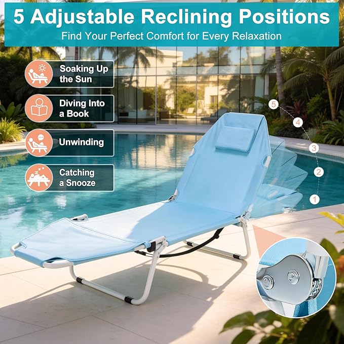 ABORON 2-in-1 Tanning Chair with Face Hole, Folding Camping Cot for Adults, 5-Position Adjustable Lounge Chair with Pillow, Heavy Duty 600D Oxford Portable Cot for Beach, Patio, Poolside ABORON