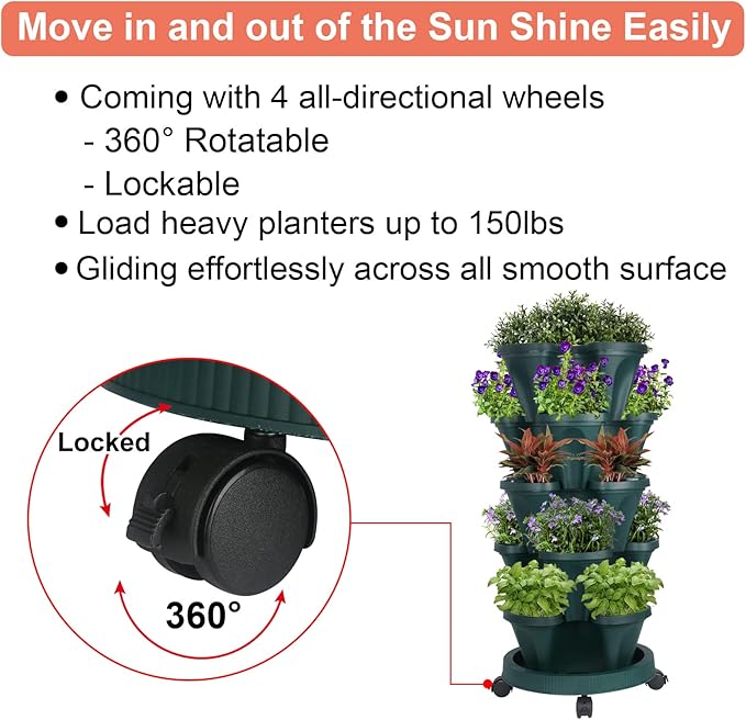 GameXcel Vertical Planter 5 Tier Stackable Planters Garden Planters Strawberry Herb Flower and Vegetable Planter Indoor Outdoor Gardening Pots with Removable Wheels and Tools 2-Pack GameXcel