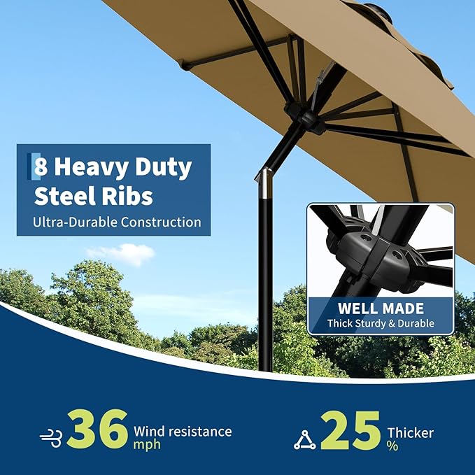 Garvee 10FT Patio Umbrella - Outdoor Table Umbrella with Smooth Crank Lift, Push Button Tilt and 8 Sturdy Ribs - Market Umbrella UV Protection Waterproof for Pool, Deck, Yard, Garden (Tan) Garvee