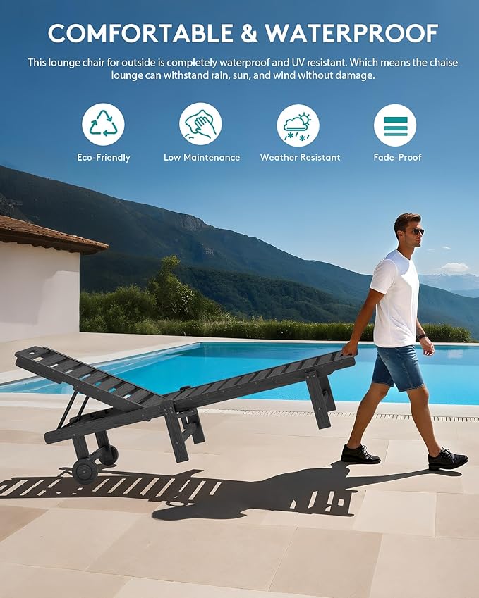 SERWALL Outdoor Chaise Lounge Set of 8, HDPE Pool Lounge Chairs with 5-Position Adjustable Backrest, Patio Loungers with Rolling Wheels & Cup Holder for Pool Sunbathing, Grey SERWALL
